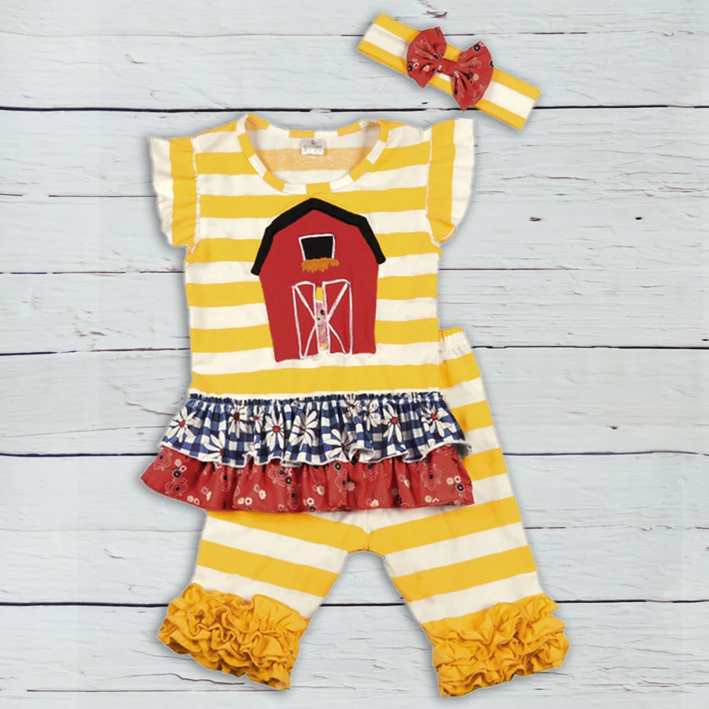 Fashion New Design Toddler Girls Clothing Set Summer Embroidery Boutique Yellow Striped Shorts Baby Remake Outfits | Детская одежда и