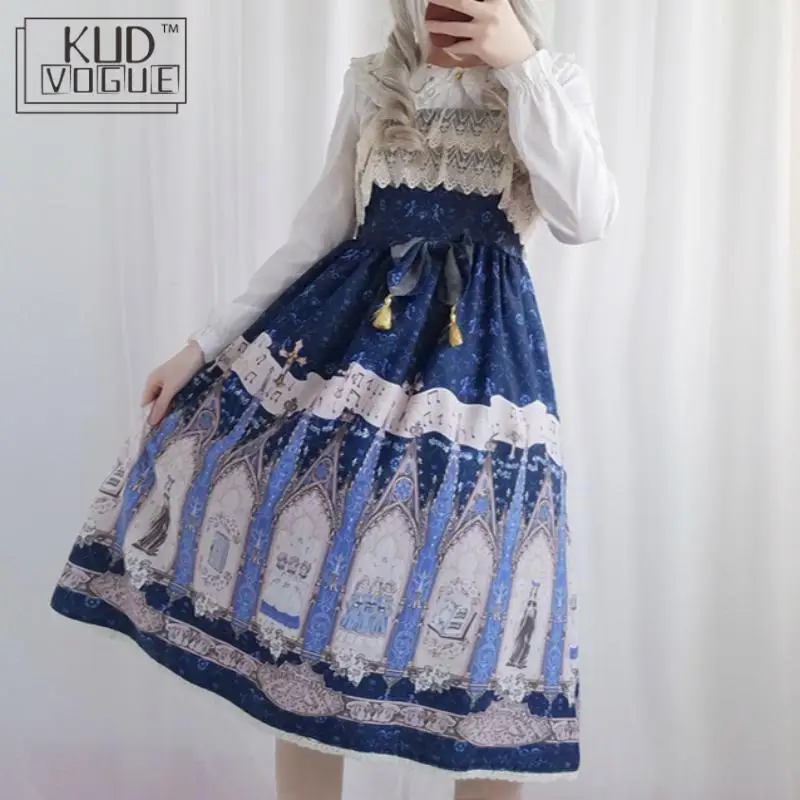 

Retro Lovely Printing Jsk Lolita Dress For Women High Waist Slim Fit Strap Dress Female Gifts Sweet Lolita Dress With Lace 8446