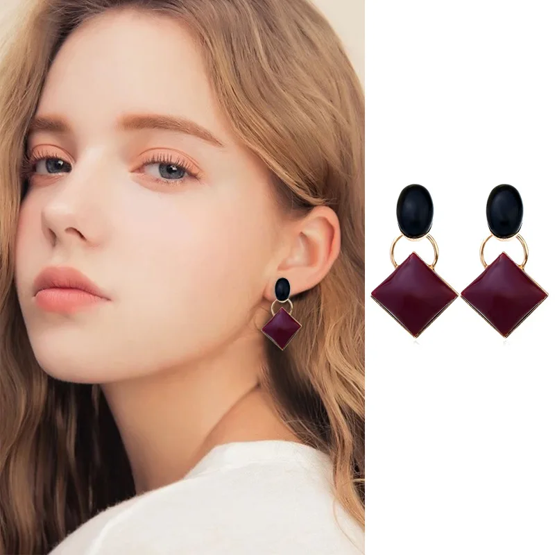 

Hot Fashion Brincos Vintage Long Square Earring Big Geometric Earrings For Women Classic Claret Stud Gold-Color Fine Jewelry