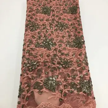 

2019 Latest African Net Lace Fabric, High Quality 3d Sequins Nigerian Wedding Lace Fabrics 5Yards Sequins French Tulle lace