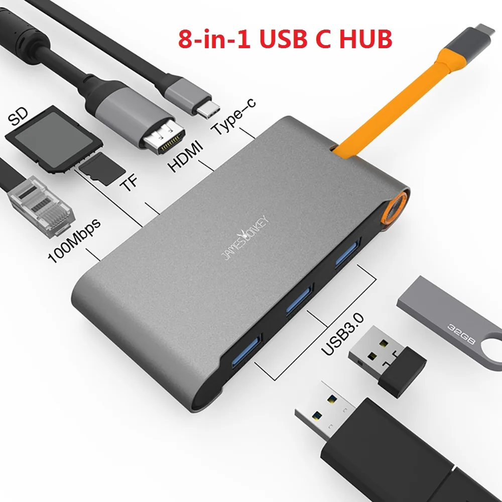 

James Donkey USB C HUB 8 in 1 USB Docking Station USB-C to HDMI Card Reader RJ45 PD Adapter for MacBook Samsung Galaxy S9/S8/S8