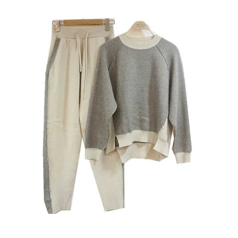 Femmes Haut Costume Vison rose Coton Cachemire Hiver Du Couleur Tricoté Pièces Deux Kaki Ras Nouveau De Chandail pu Mode D'hiver Ciel gris Pédicure Gamme Pantalon blanc Cou zSn0dqx
