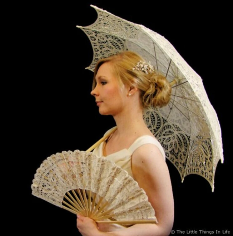 Новинка года! кружевной зонтик от солнца в стиле бэттенбург и веер, набор свадебных зонтов и вееров,, кружевной веер и свадебный зонтик, кружевной зонтик