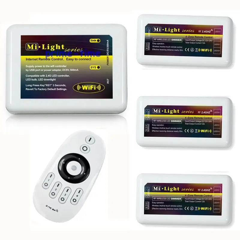 2.4G RF Wireless Remote +3x Mi.light 4-Zone DC12-24V 12A Brightness Adjustable Dimmer Controller +1xWiFi For Single Color Strip