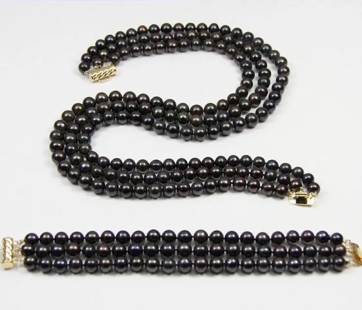 

3 ROW 8-9mm AAA Black tahitian Pearl Necklace Bracelet Set 14KGP 18-20" 7.5.8 "r a(5.18)