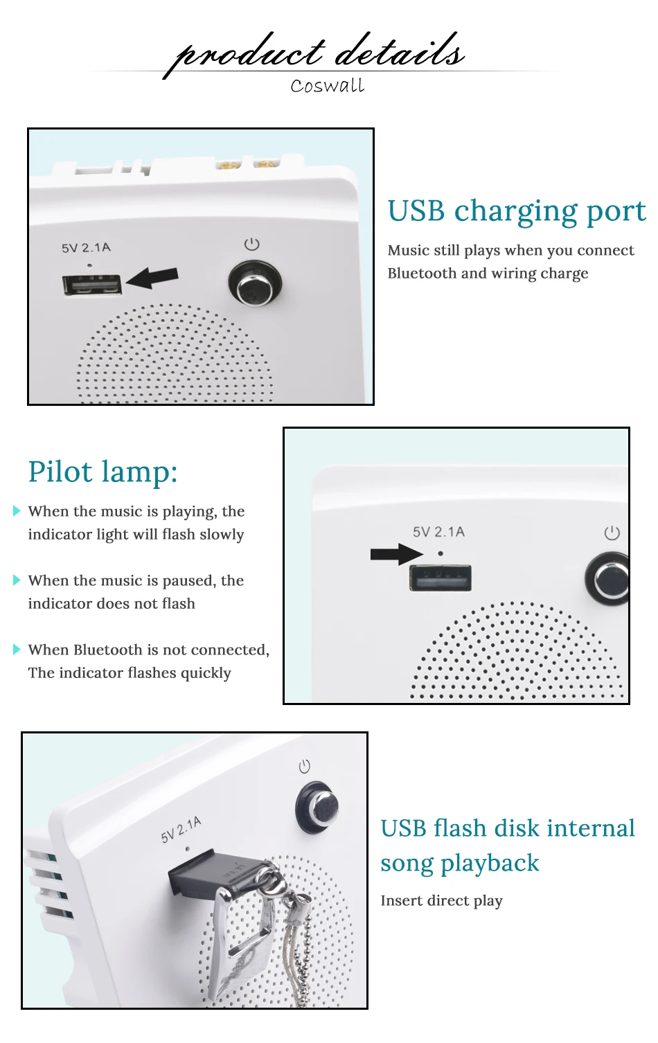 COSWALL настенный Встроенный беспроводной Bluetooth динамик с USB зарядным портом для мобильных 5 в 2.1A выход мощности с Светодиодный индикатор