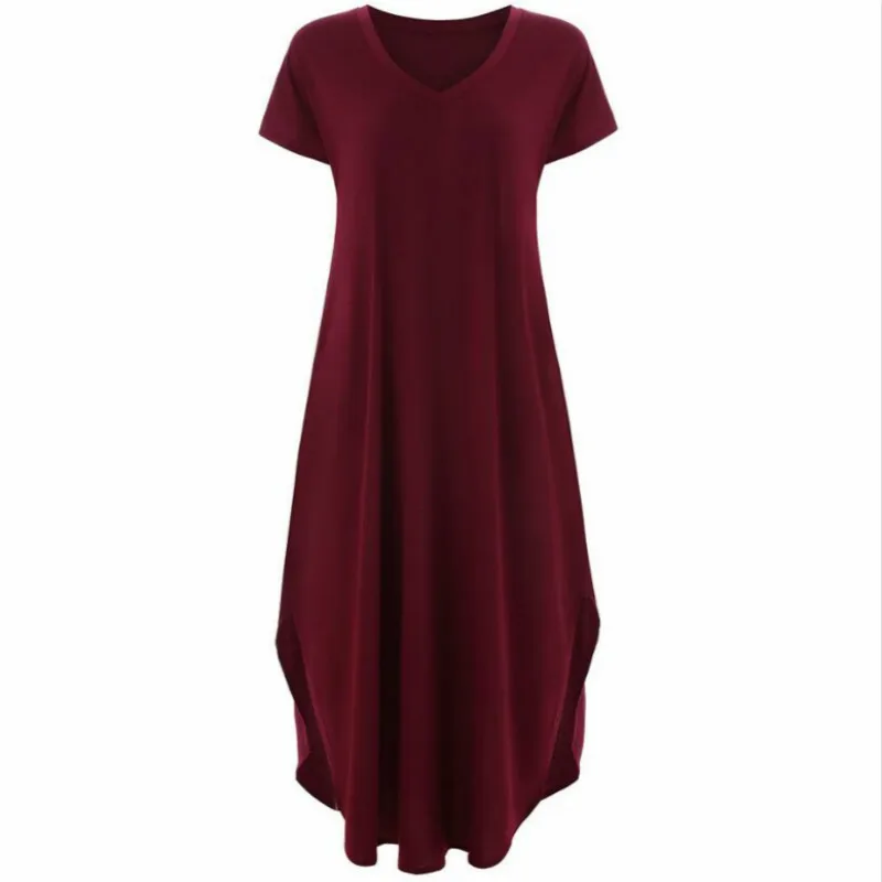 

Casual Maxi Dress Female Sexy Summer Long Maxi Dress Women BOHO Beach Sundress V-Neck Short Sleeve Solid Dresses Pockets PL828G