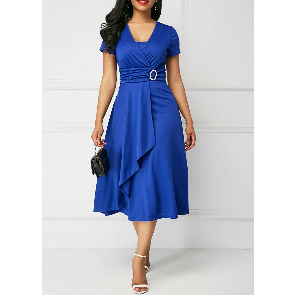 Летние платья новые женские летние повседневные с коротким рукавом v-образным вырезом тонкие с высокой талией Элегантные миди платья размера плюс - Цвет: Синий