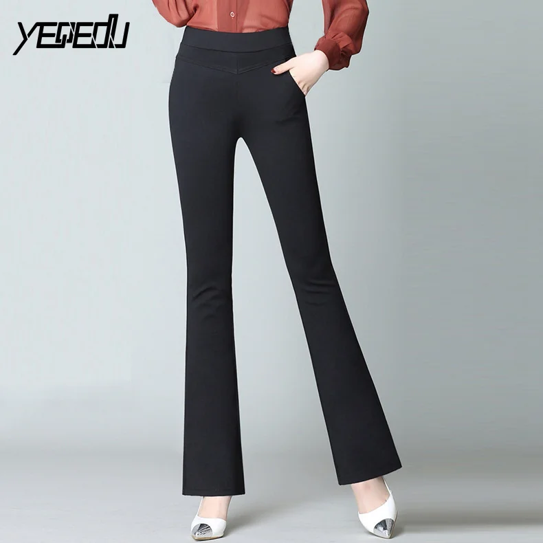 

#2703 High Waist Black/Blue Formal Elegant Office Trousers Fashion Stretch Flared Pants Women Cotton Bell Bottom Pants For Women