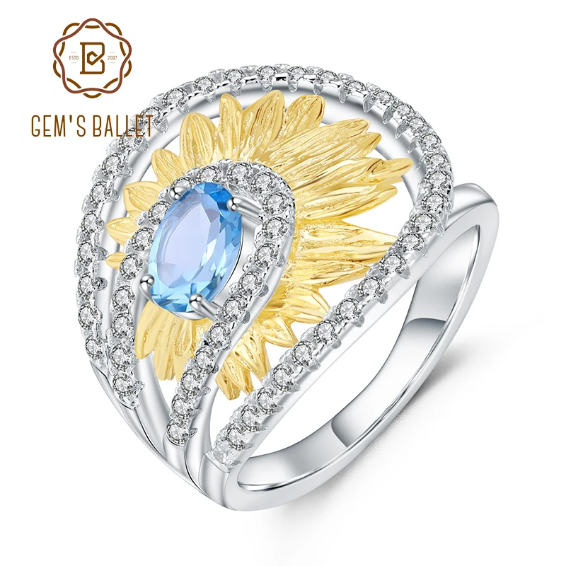 

GEM'S BALLET 1.00Ct Natural Swiss Blue Topaz Sunflower Rings Fine Jewelry 925 Sterling Silver Handmade Ring for Women Bijoux