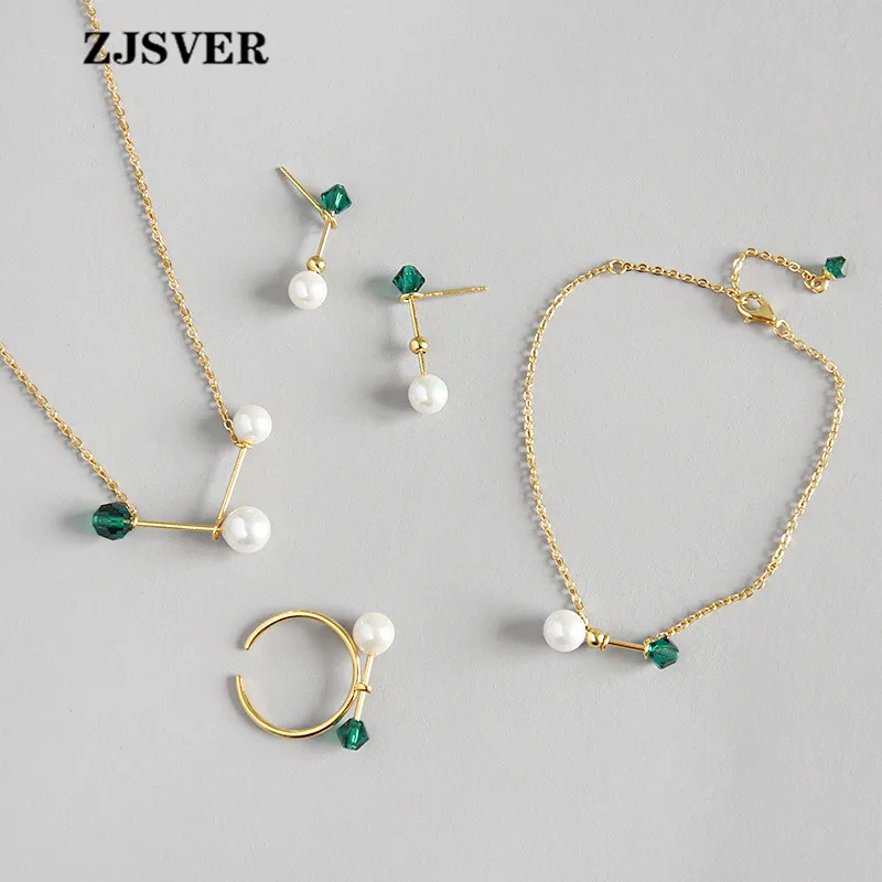 ZJSVER, 925 пробы, серебряные ювелирные изделия, набор спичек, форма с жемчугом, ожерелье, браслет, серьги, кольцо для женщин, модное ювелирное изделие - Цвет камня: set