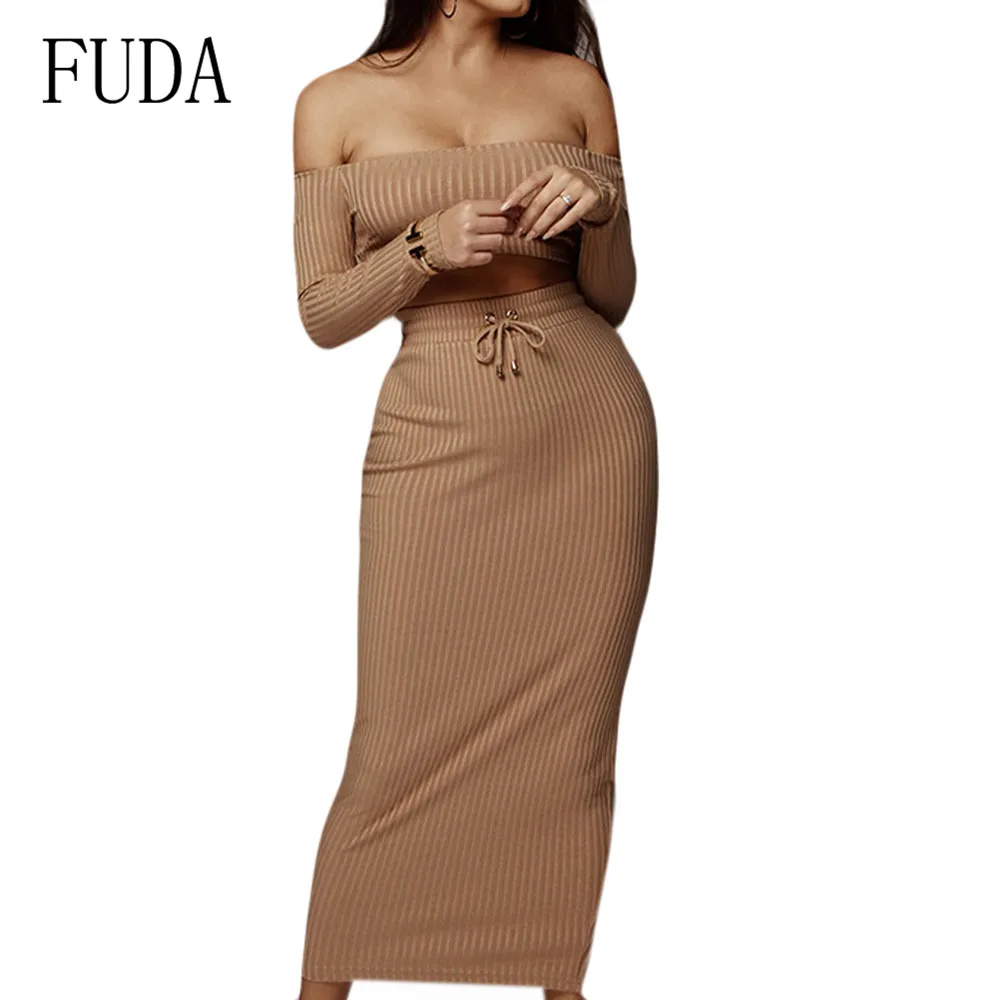 

FUDA Two Pieces Sets Wrapped Chest Long Sleeve Autumn Dresses Sexy Off Shoulder Bodycon Bandage Pencil Dress Casual Party Wear