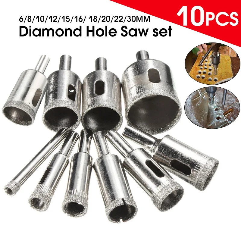 

10Pcs Marble Drill Bit 6-30mm Diamond Coated Hole Saw Core Drill Bit for Tile Glass Slate Marble HUG-Deals