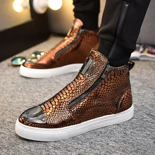2019 Men Sequins High Top Men Gold Glitter Sneakers Bling Zip Platform Flats Shoes Man Glossy Silver Fashion Vulcanized Shoes