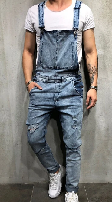 Модные мужские рваные джинсы комбинезоны Hi Street Distressed Denim bib Комбинезоны для мужчин брюки на подтяжках Размер S-XXXL - Цвет: Синий