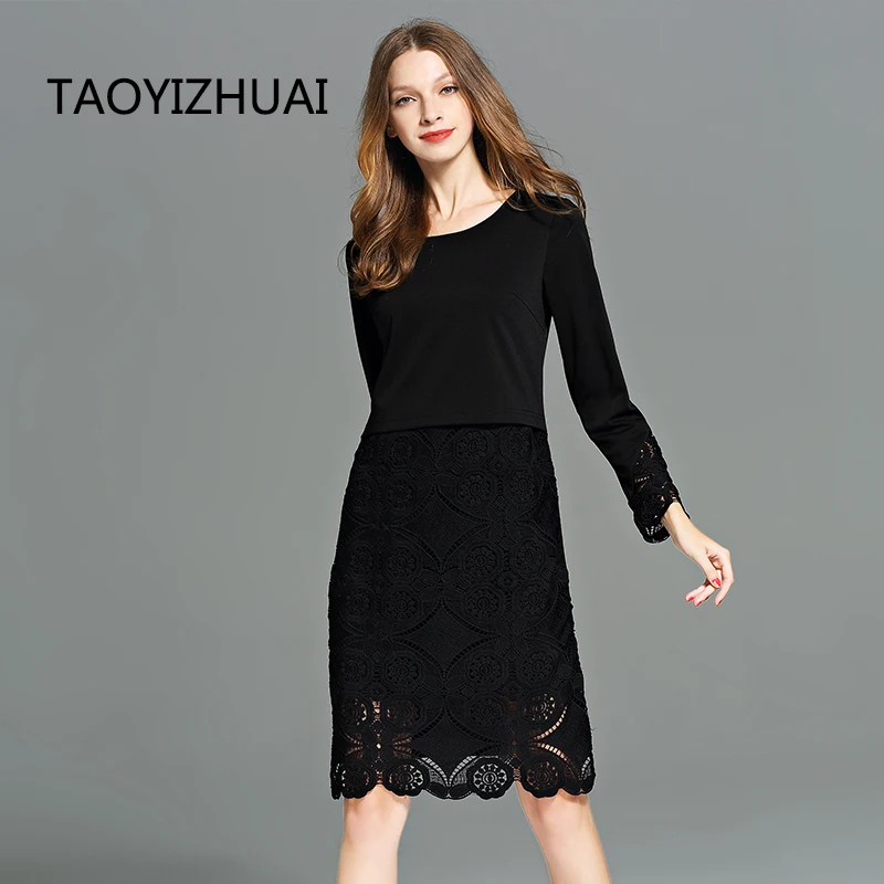 

TAOYIZHUAI 2019 Autumn Vintage Style Irregular Cutting Hollow Out Cuff Full Sleeves Color Black Straight Dress For Women 14029