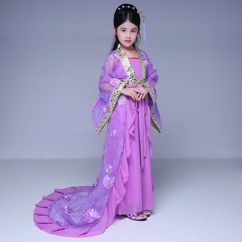 Детская шлейфом костюм феи для девочек Тан Королевский принцессы танцевальный костюм дети Hanfu платье для танцев Китайский традиционный