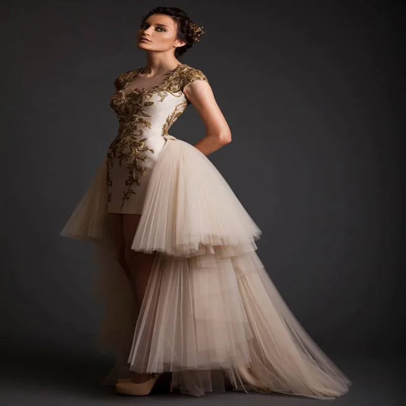 Fashion Gold Embroidered Short Front Long Back Wedding Dress Fashion Gold Embroidered Short Front Long Back Wedding Dress Detachable Train Sheer Ons In Dresses From Weddings Events On Aliexpress
