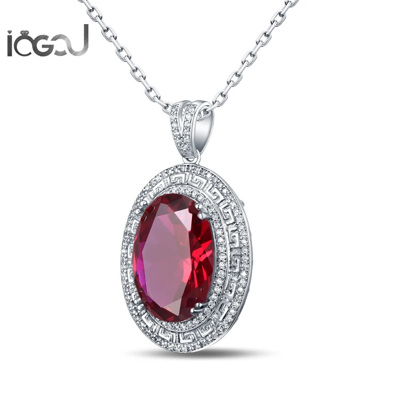 

IOGOU Oval Cut 925 Sterling Silver Red Cubic Zirconia White Gold Color Pendants HIPHOP Wedding Party 17x24mm Jewelry Gifts