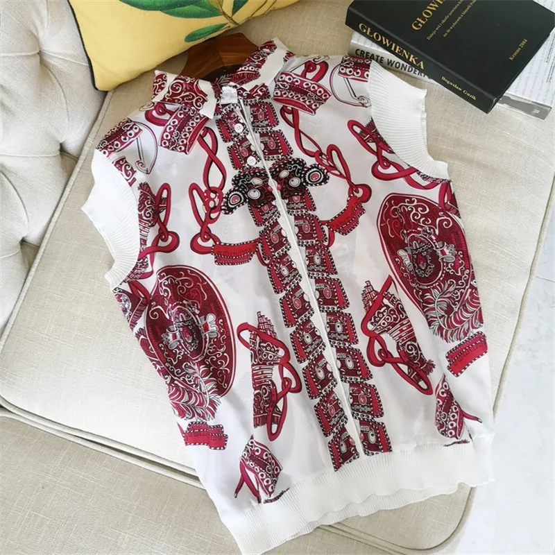 

Luxury Designer Brand Blouses for Women Short Sleeve Vintage Bohemian Printed Silk Spliced Knitted Shirts Cardigan
