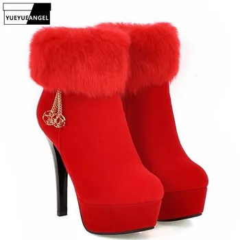 

Cute Fur Trim School Prom Ankle Boots Woman Sexy Super High Heel Platform Stilettos Elegant Ladies Shoes Botas Mujer Femininas