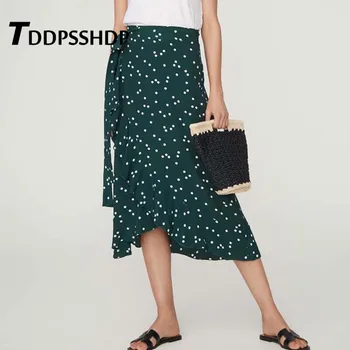 

Dark Green Polka Dot Printing Women Skirt 2019 Elegant Office Lady Ruffles Female Skirts