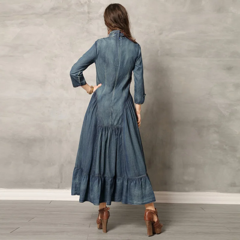 Джинсовое платье, женское платье с рукавом три четверти, а-силуэт, синее, с оборками, винтажное, длиной до лодыжки, длинные джинсовые платья, плюс размер s-xxxl