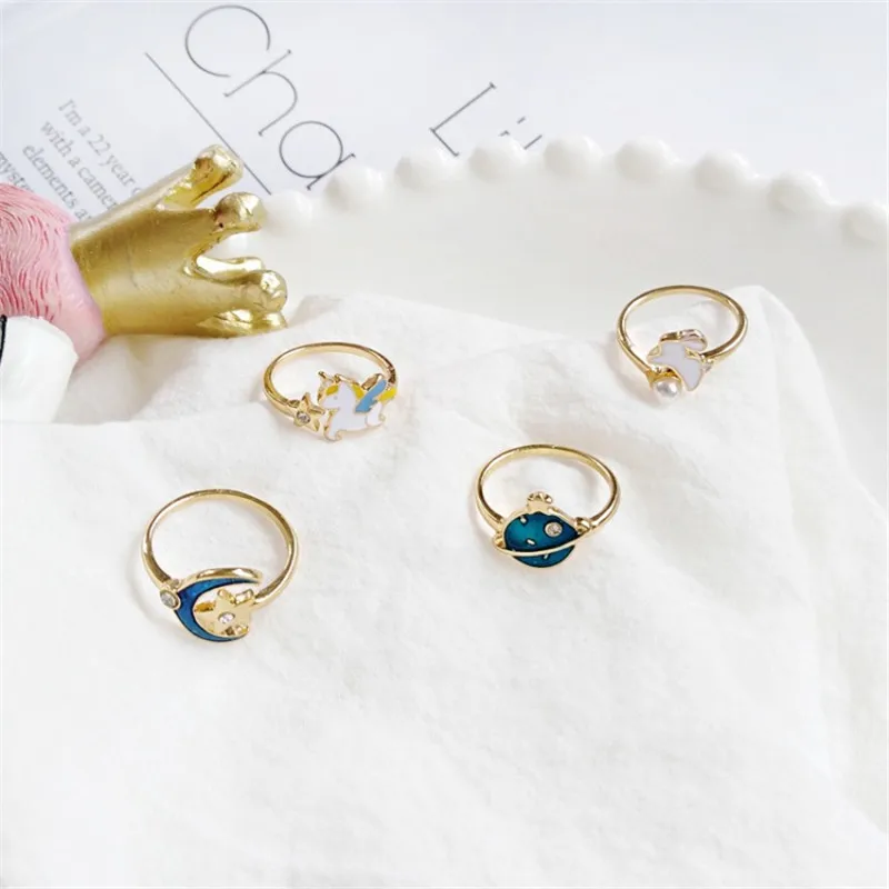 Japan and South Korea Creative Planet Enamel Moon Star Rabbit Cartoon Unicorn Joint Ring Fashion Girl Student Jewelry Accessorie