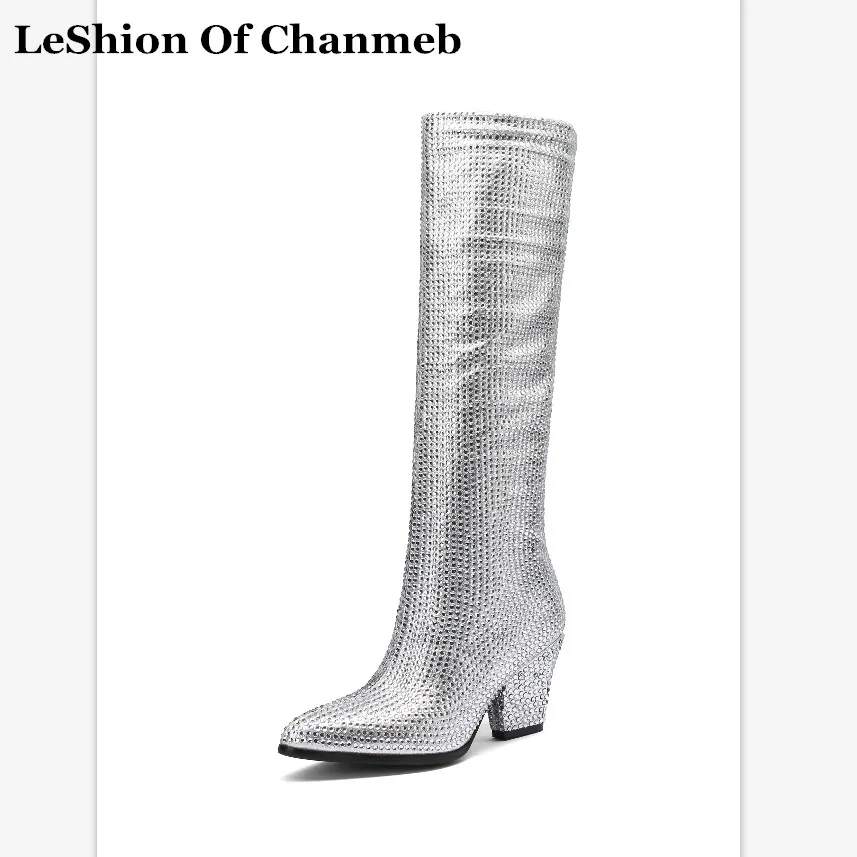 

Luxury Full Crystals Women Knee High Boots Sexy Runway Chunky High Heel Boots Slip On Ladies Knight Boots Bling Rhinestone Boots