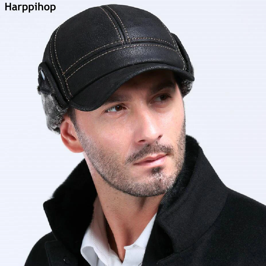 New New Fashion Men's Scrub Genuine Leather baseball Winter Warm baseball Hat / Cap 2colors bomber trapper hat