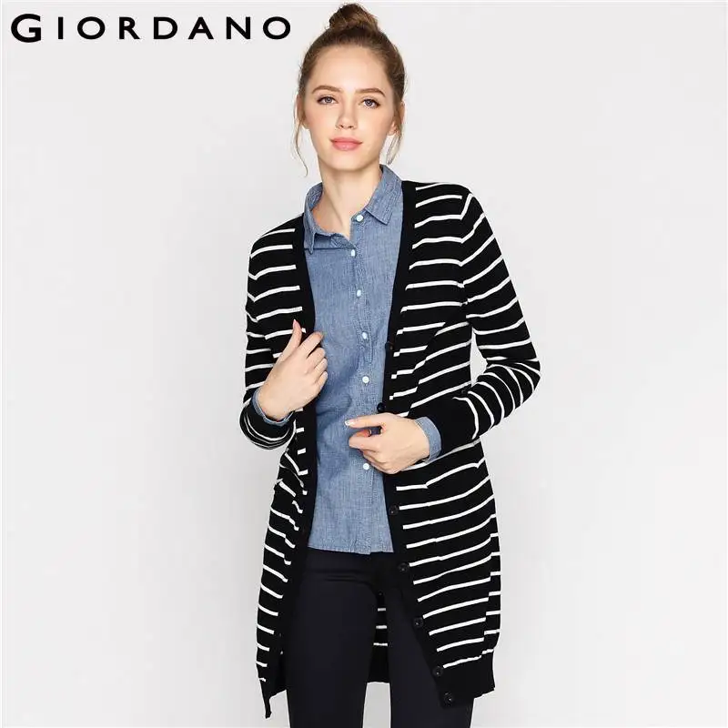 Giordano Women Sweaters Striped Cardigan Long Sleeves V Giordano Women Sweaters Striped Cardigan Long Sleeves V