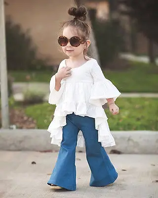 

2018 New Fashion Girls Top Shirt Kids Girl Frills Flare Sleeve Tops T-Shirt Party Ruffles Hem Tops White