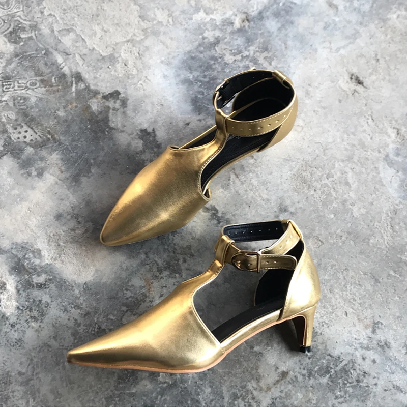 Boussac Gold Kitten Heels Sandals Women T Strap Summer Sandals Women