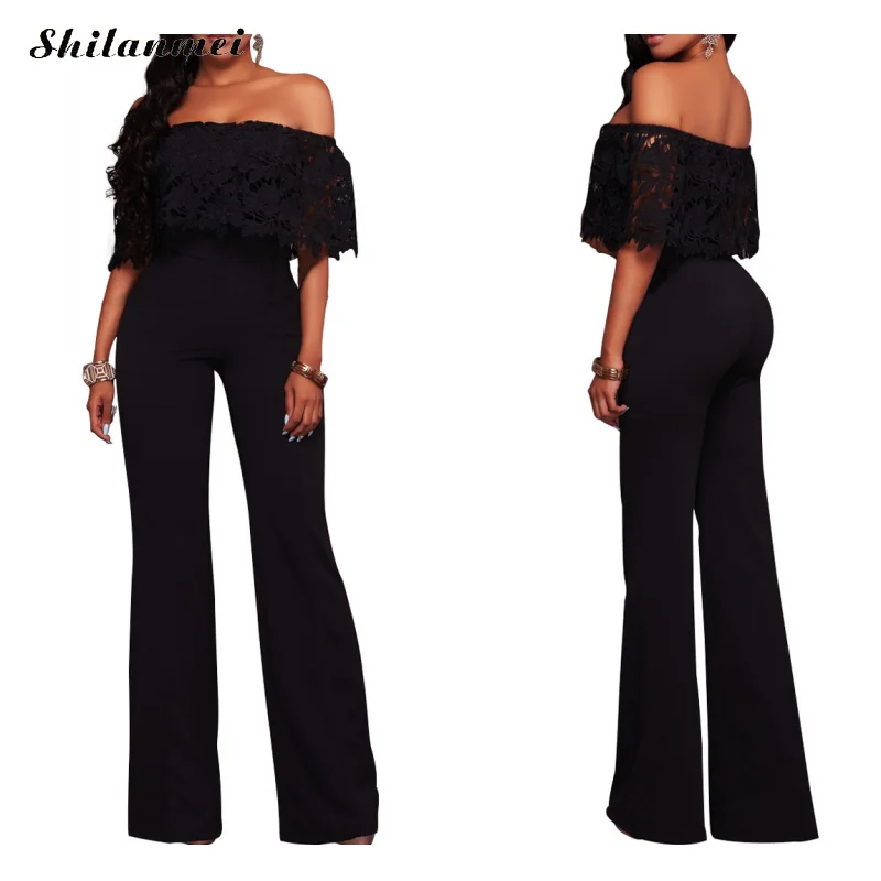 

Off Shoulder Sexy Lace Women Jumpsuit Romper Womens Hollow Wide Leg Black Jumpsuits Bodysuit Bodycon Office Lady Streetwear