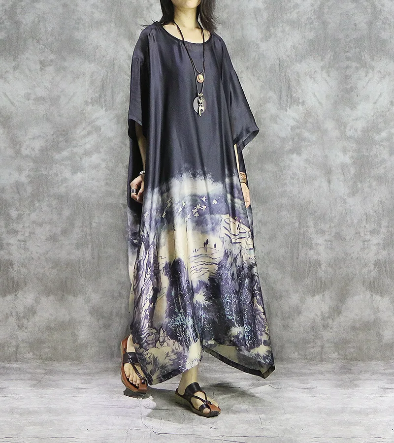 

Women Silk Chiffon Dresses Retro Elegant printed Summer Half Sleeve Dress 2019 Print Plus Size Dress Vintage Dress