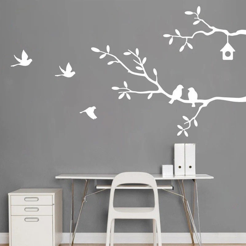 Birds On A Tree Branch Wall Stickers Furniture Refrigerator Wall Decor Graphic Decal Birds Patterns Vinyl Sticker Decoration