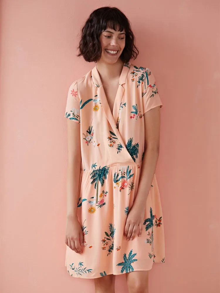 

New 2019 Women Dress Coconut Grove Tree Summer Holiday New Loose Thin V-neck Pink Short Sleeve Dress