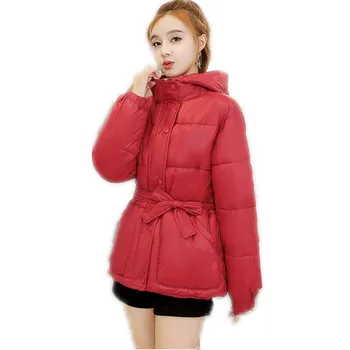 

Winter Jacket Women Parkas For Coat Fashion Female Down Jacket Hooded Short Women Parkas With Sashes 2018 New Winter Coat CQ2541