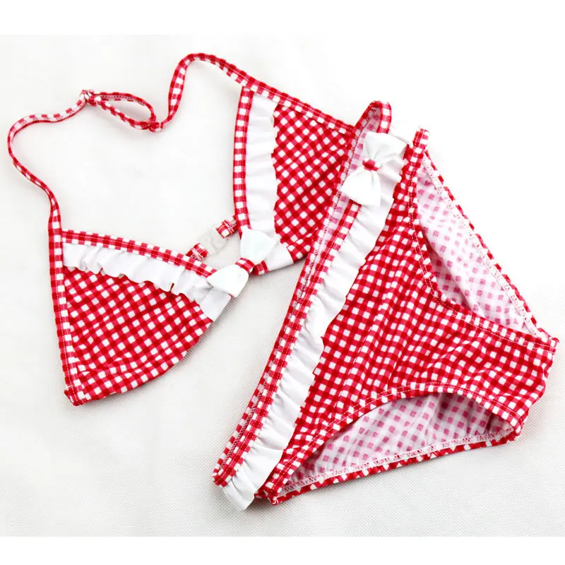 

2020 Hot Sale Big Girls Bikini Set Cute Plaid Ruffles Two Pieces Bathing Suit For Teenage Girl Swimwear Wtih A Bowknot 6-16Y