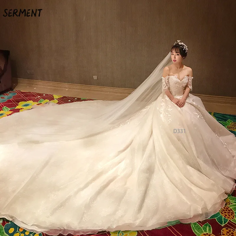 

30% Discount 2019 New Wedding Lace Tail Long Sleeve Aristocratic Elegant Bride Print Explosion Wedding Dress