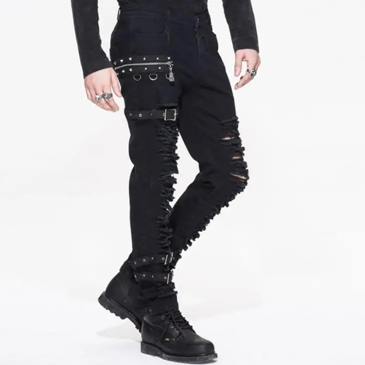 Стимпанк мужские зимние повседневные Черные Брюки готические мужские длинные брюки облегающие узкие брюки немного эластичные S-3XL