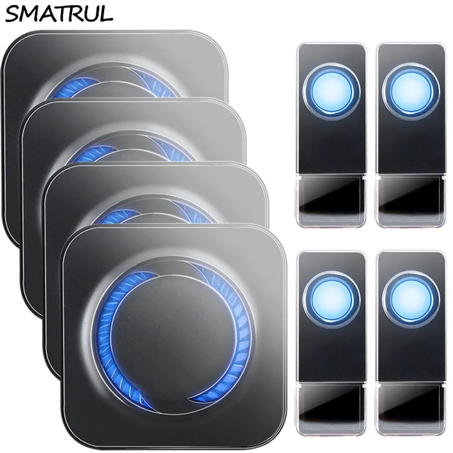 

SMATRUL Waterproof Wireless Doorbell EU Plug 300M long range home Door Bell ring call 4 button 4 receiver LED light Deaf