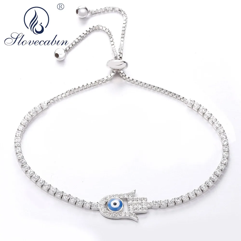 

Slovecabin 2108 New Real 925 Sterling Silver Fatima Hand Hamsa Evil Eye Clear CZ Blue Enamel Sparkling Strand Sliding Bracelet