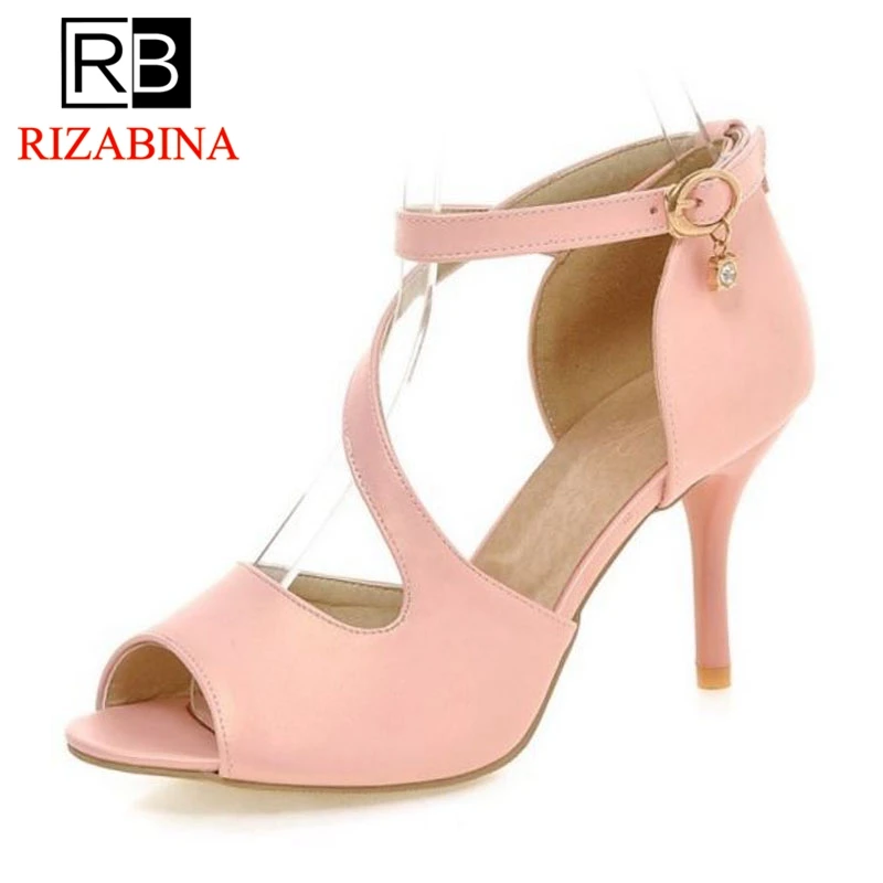 

RizaBina 4 Color Women Sandals Ankle Strap Solid Color Thin High Heels Shoes Summer Sexy Peep Toe Women Footwear Size 34-43