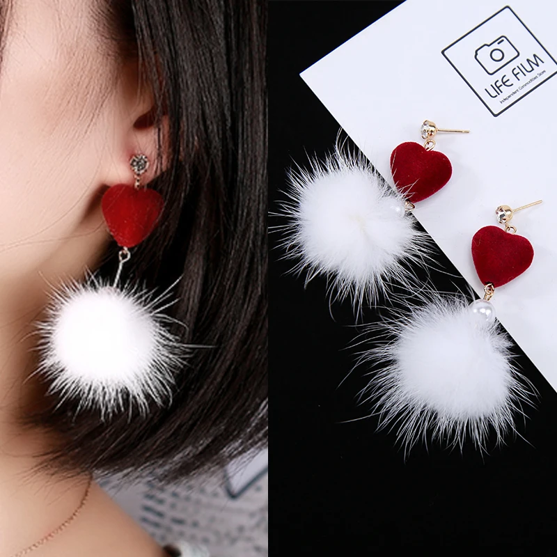 

Red White Velvet Love Heart Drop Earring Pompon Long Dangle Earrings For Women Pom Pom Jewelry Girls Valentine's Day Gift