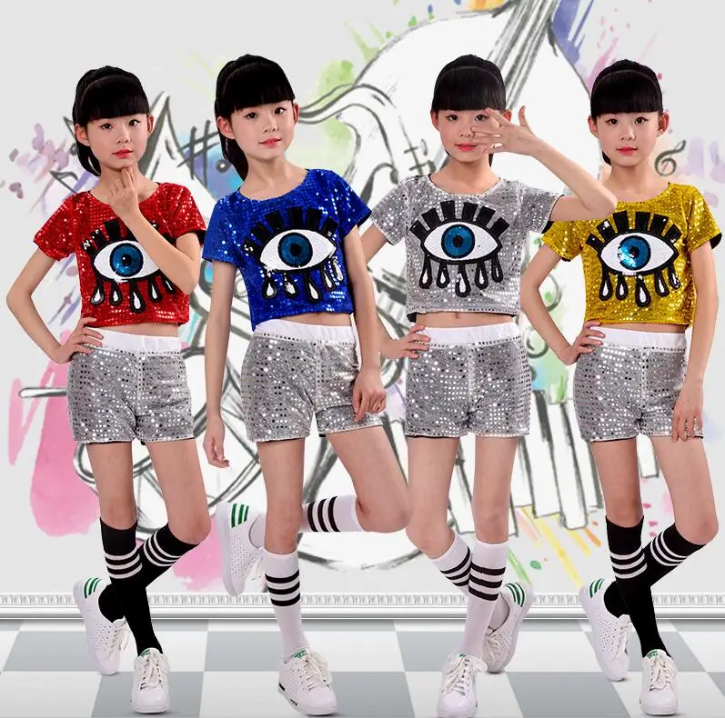 

Kids Jazz Dance Wear Costumes for Girls Sequin Hiphop Stage Performance Cheerleader Team Rave Outfit Dancing Top Skirt/Pant Set