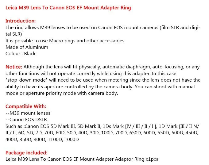 Кольцо-адаптер для объектива Leica M39 для Canon EOS EF 760D 750D 5DS(R) 5D Mark III 5D Mark II 5D 7D 70D 60D 50D 40D 30D