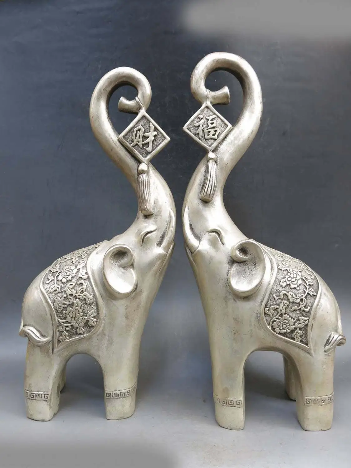 

14" China silver fine beautiful Feng Shui blessing wealth Elephants pair Statue