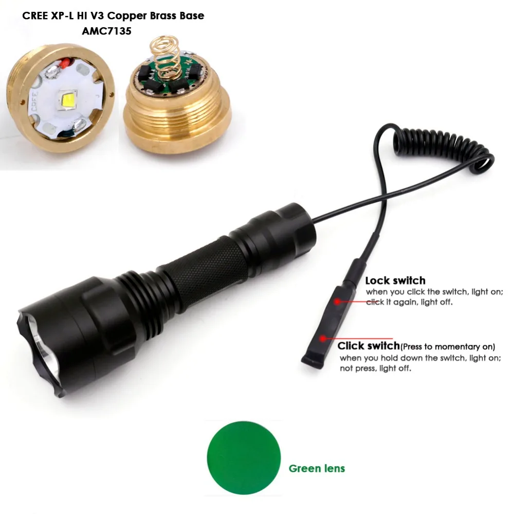 

Hunting Torch Lanternas C8 CREE XP-L HI V3 LED Copper Base 12x7135 Driver LED Flashlight +Dual Mode Remote Switch+Green Lens