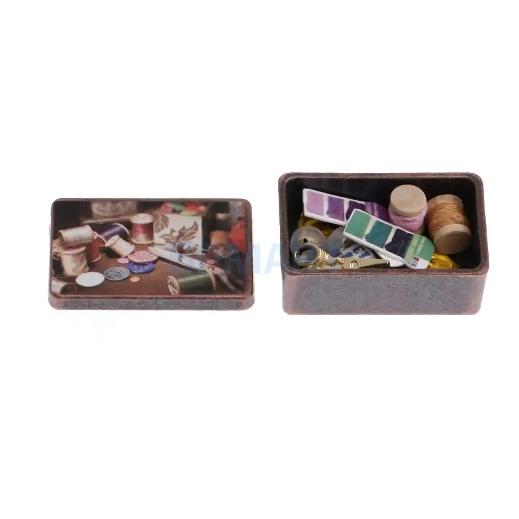 1Pc 1:12 Miniature Sewing Box with Scissors Kit Dollhouse Decoration Accessories